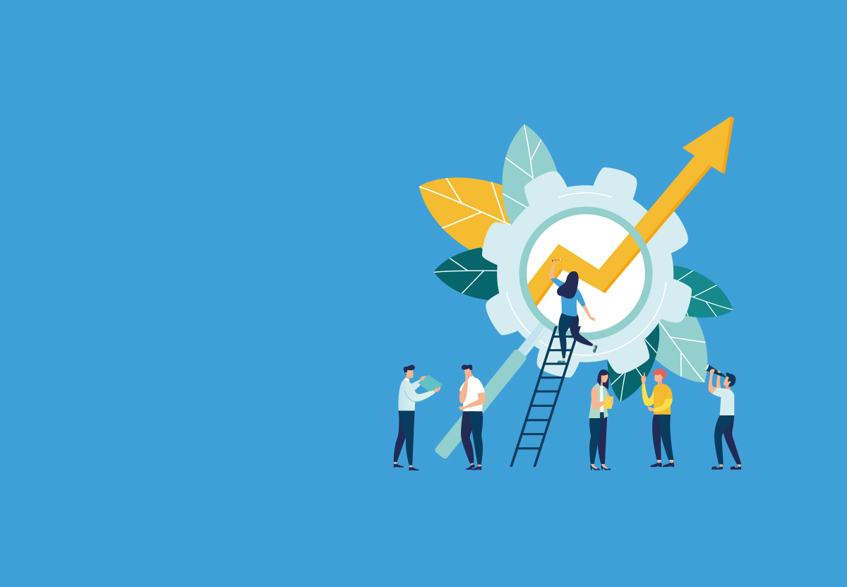 Bullseye for growth with people standing around gear cheering
